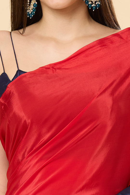 Mayleen Red & Blue Ombre Satin One Minute Saree