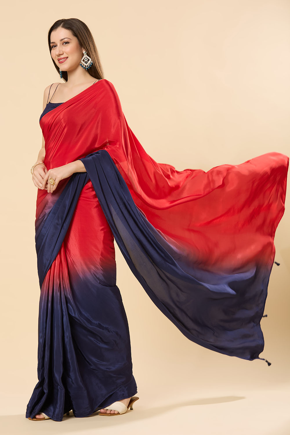 Mayleen Red & Blue Ombre Satin One Minute Saree