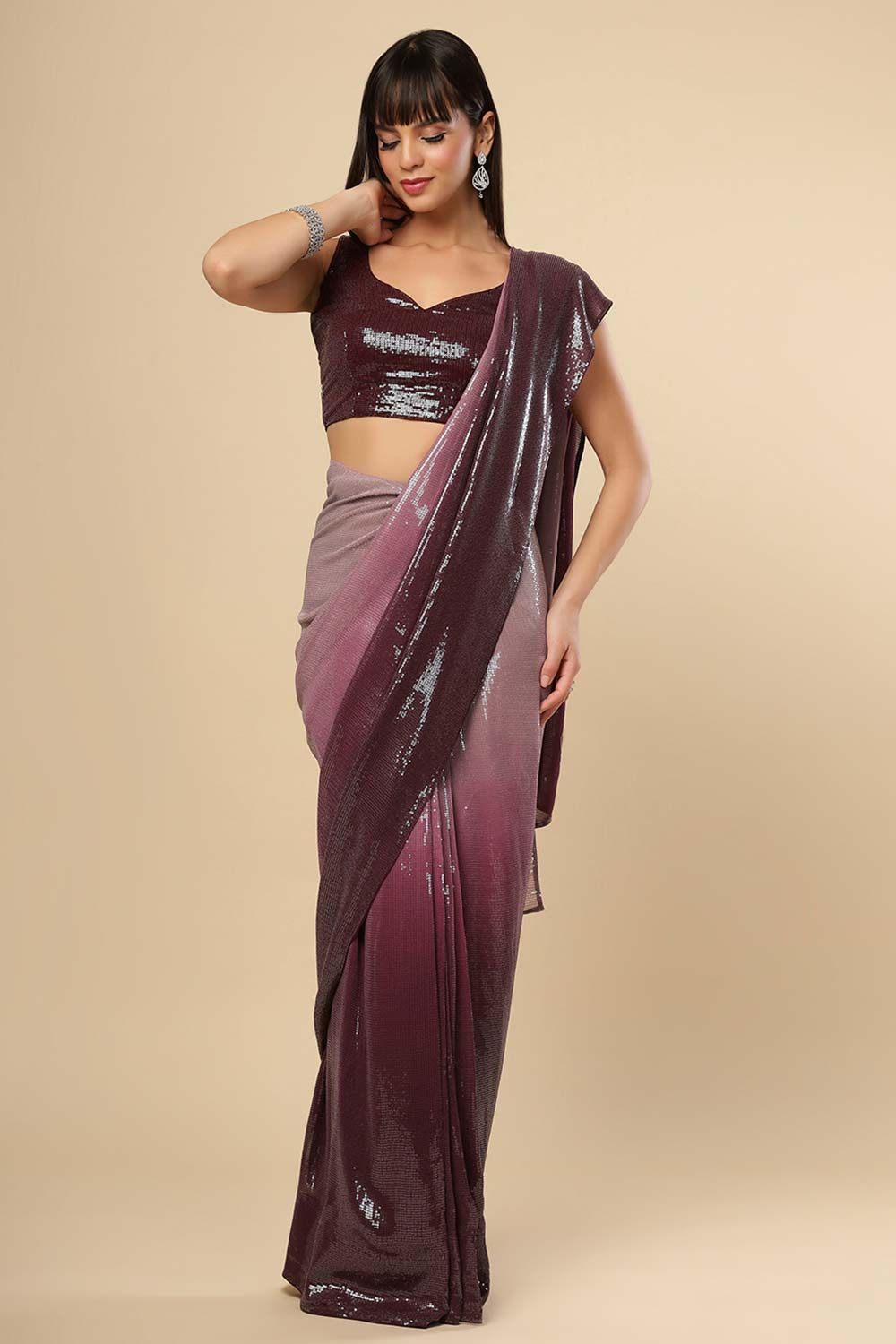 Kendra Wine & Redwood Ombre Sequins One Minute Saree