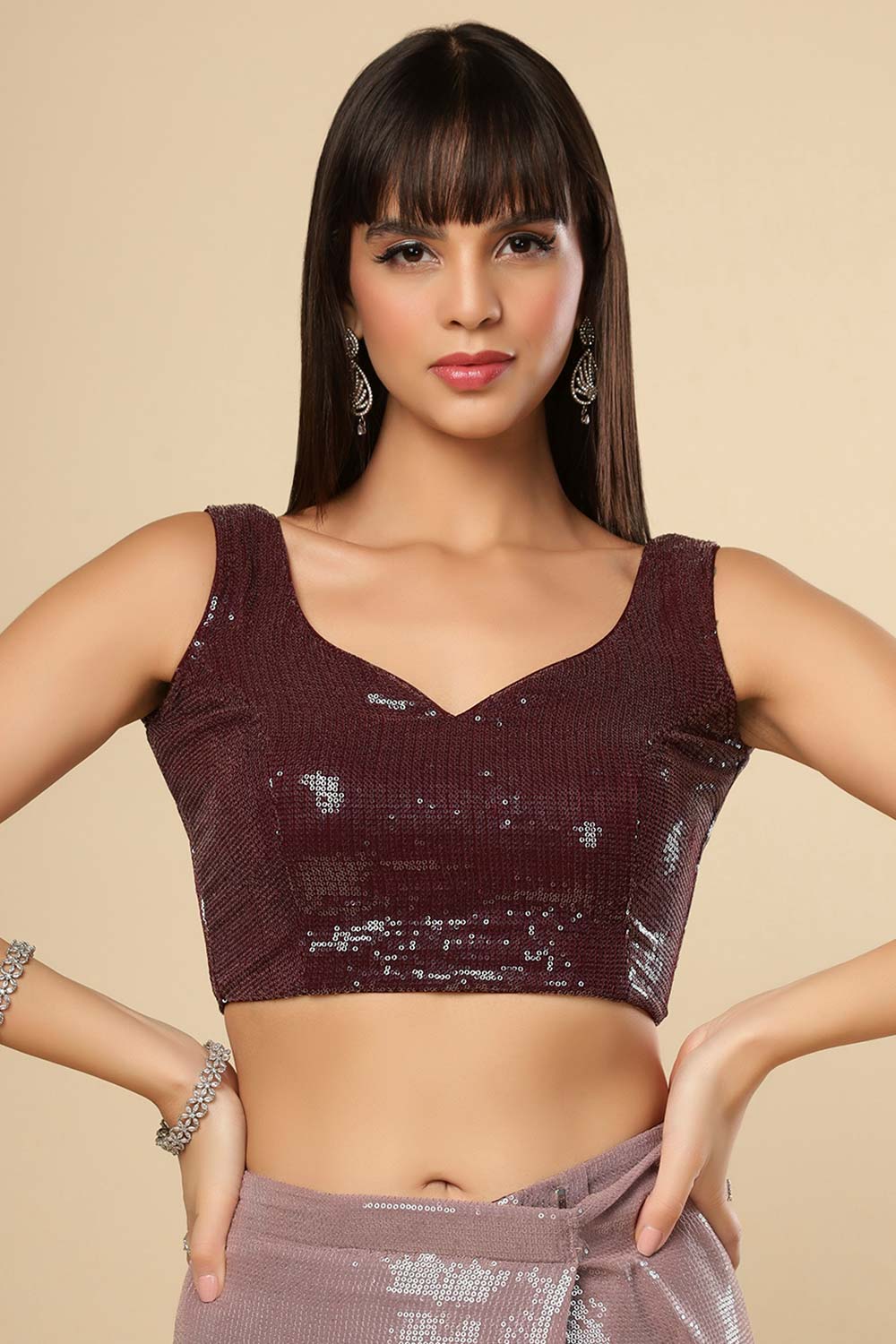 Kendra Wine & Redwood Ombre Sequins One Minute Saree