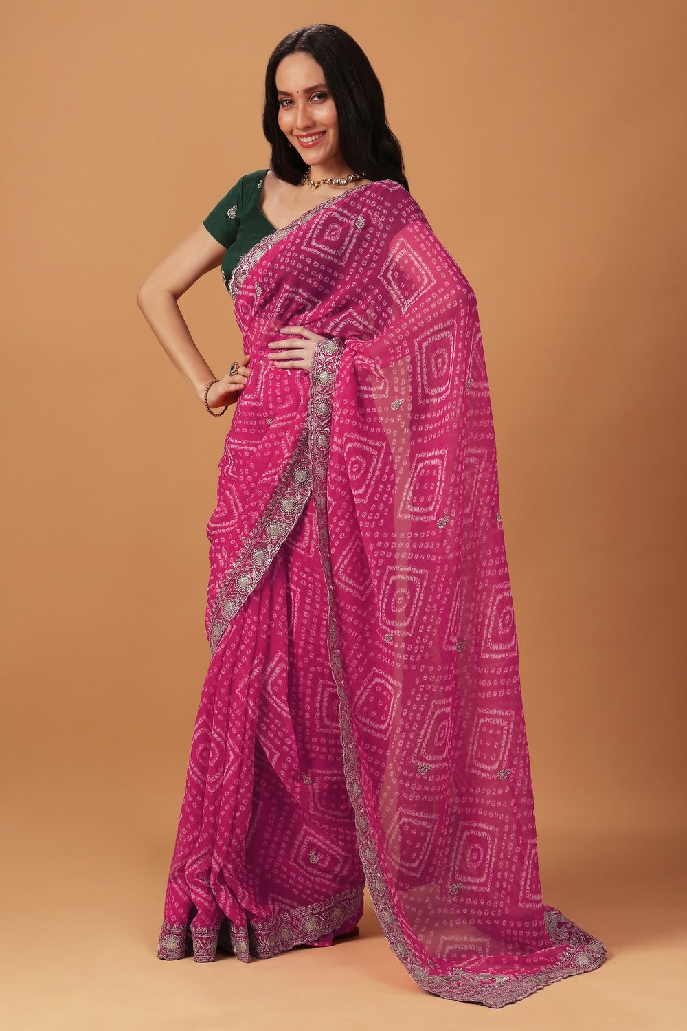 Pallavi Pink Georgette Bandhani Print Zari Work Festive Ready to Wear Saree