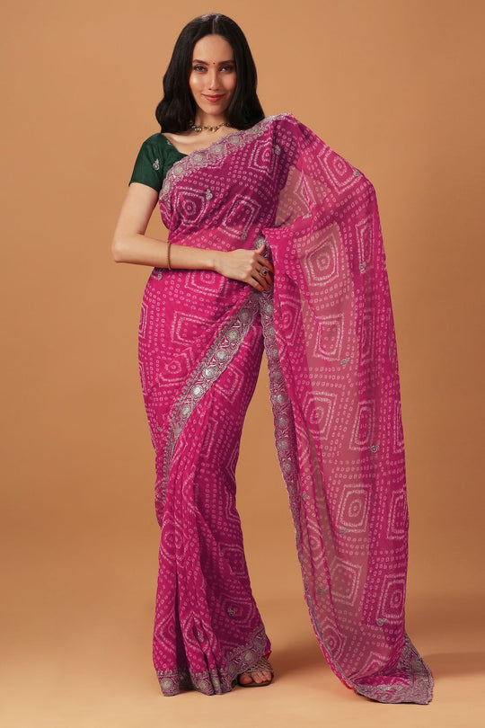 Pallavi Pink Georgette Bandhani Print Zari Work Festive Ready to Wear Saree
