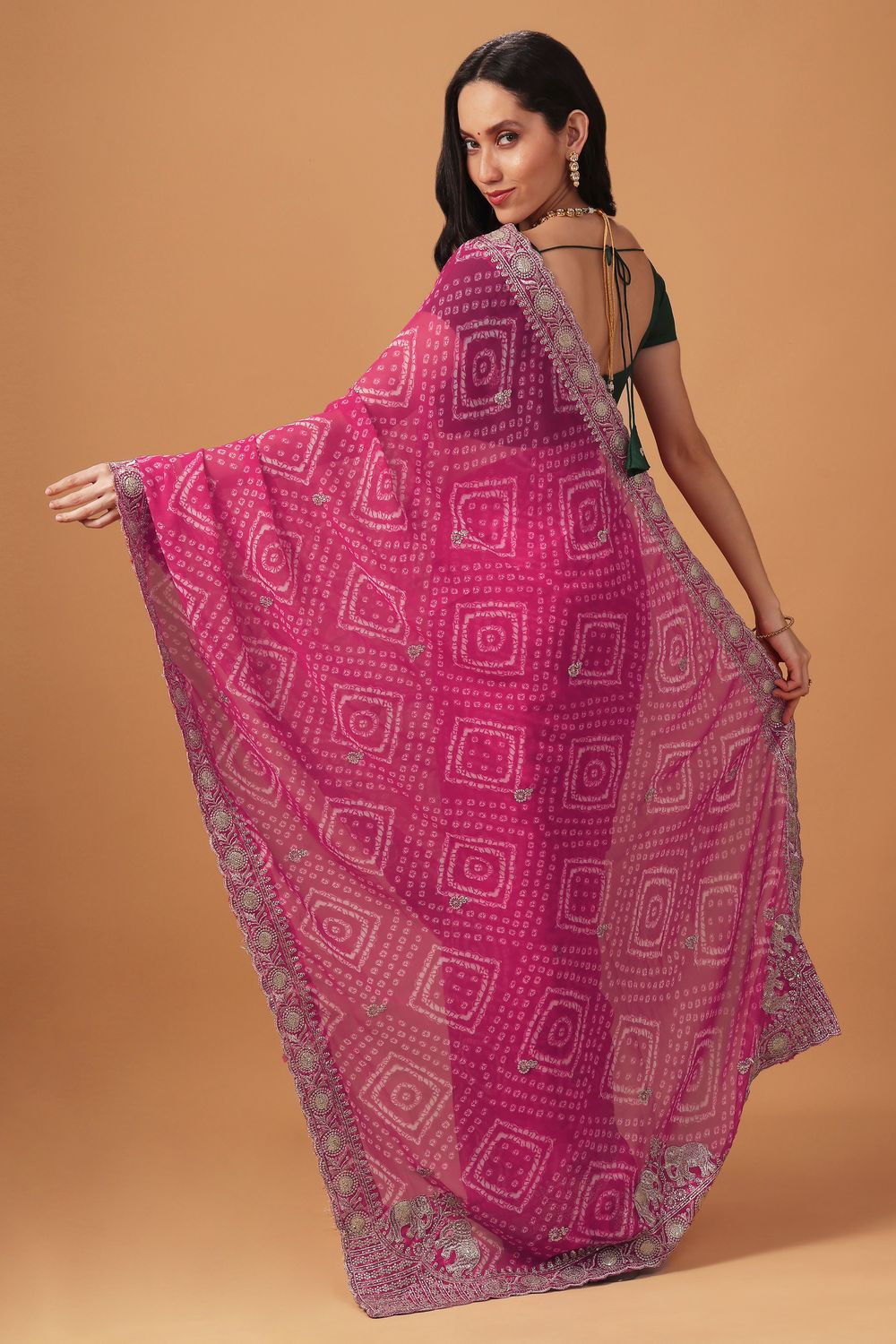 Pallavi Pink Georgette Bandhani Print Zari Work Festive Ready to Wear Saree