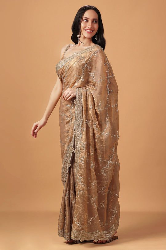 Chloe Beige Paper Silk Gold Sequins Party Wear Ready to Wear Saree