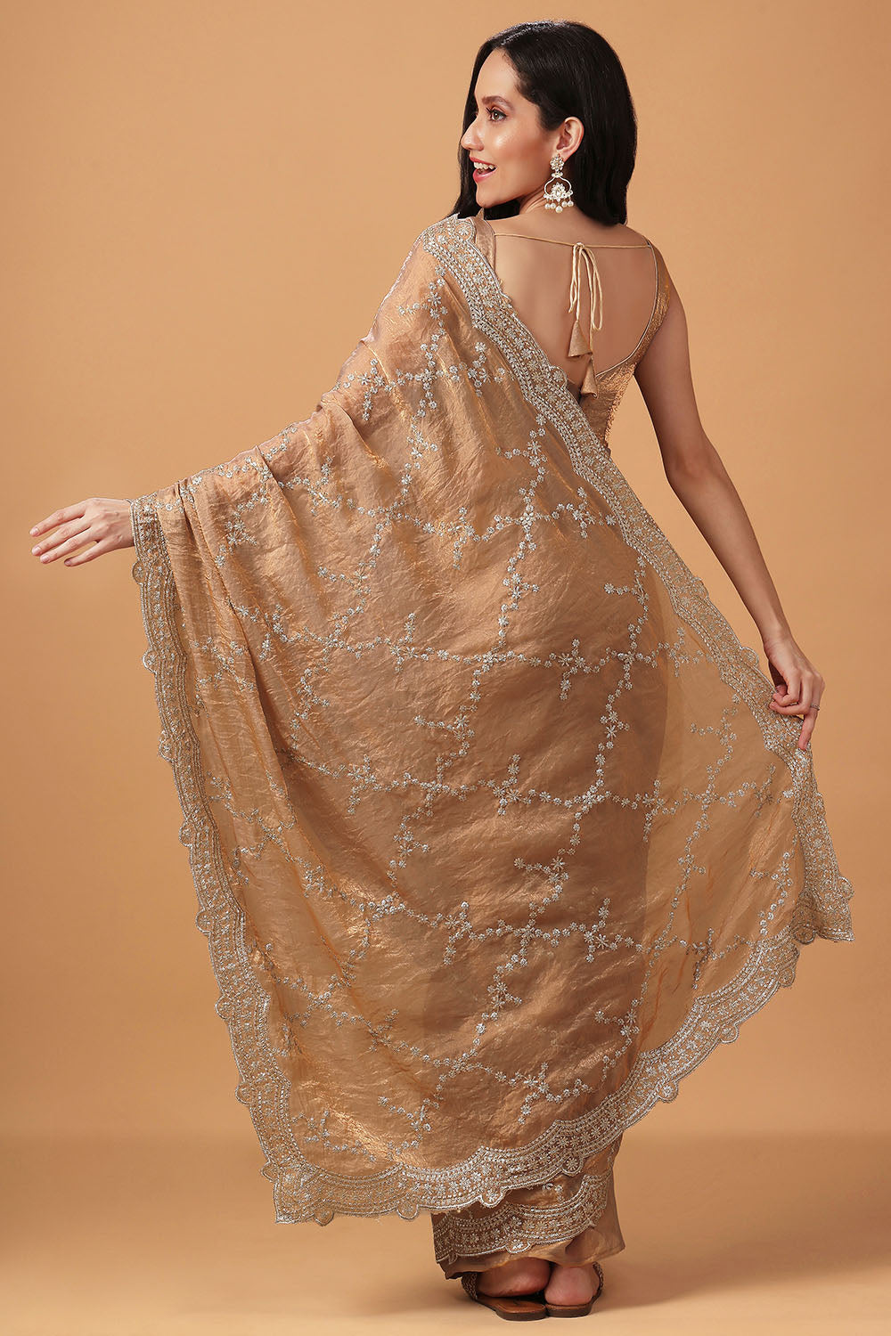 Chloe Beige Paper Silk Gold Sequins Party Wear Ready to Wear Saree