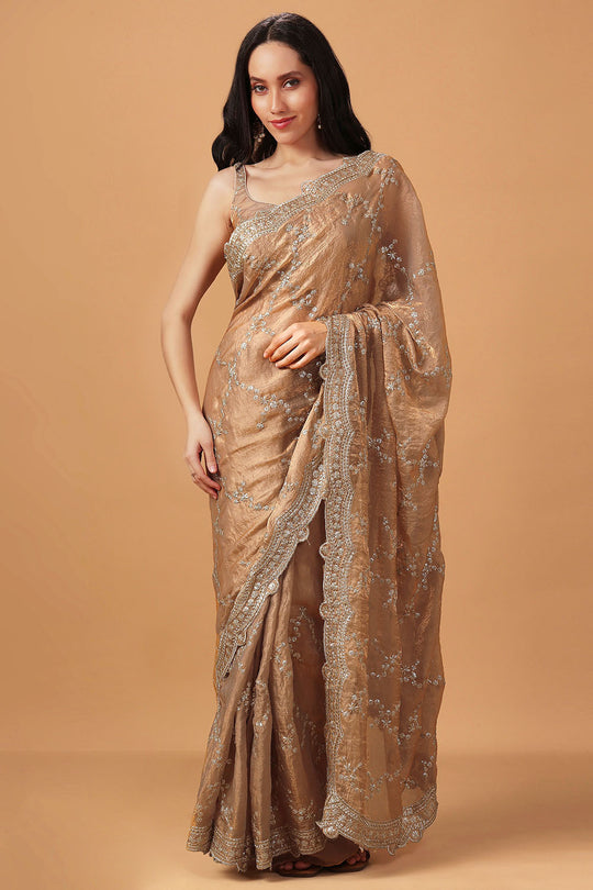 Chloe Beige Paper Silk Gold Sequins Party Wear Ready to Wear Saree