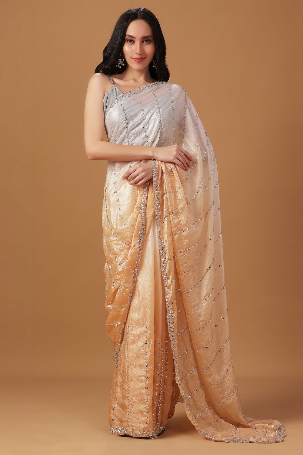 Jacqui Cream &amp; Beige Ombre Paper Silk Sequins Work Designer Ready to Wear Saree