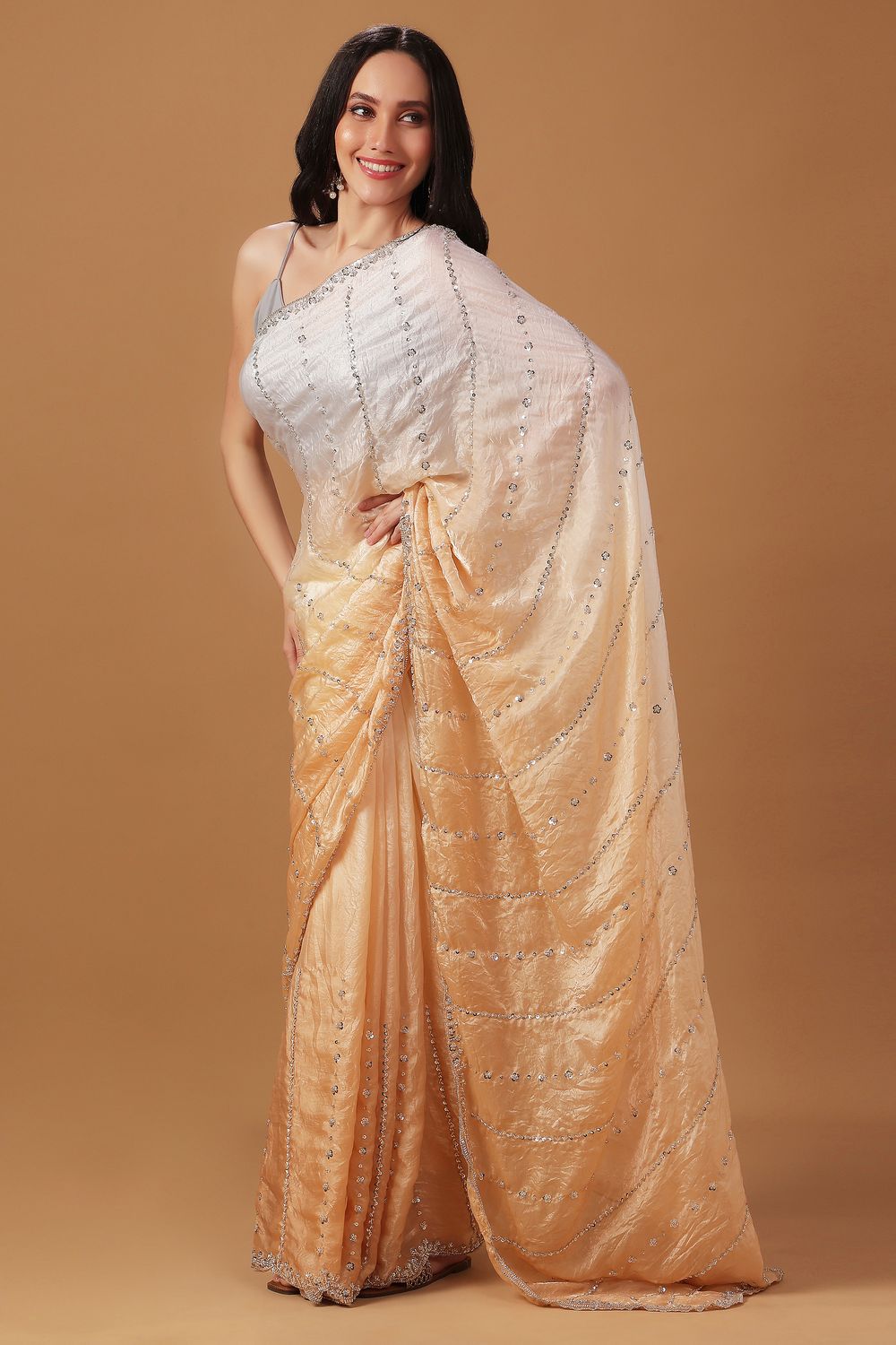 Jacqui Cream & Beige Ombre Paper Silk Sequins Work Designer Ready to Wear Saree