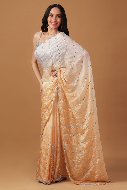 Jacqui Cream &amp; Beige Ombre Paper Silk Sequins Work Designer Ready to Wear Saree