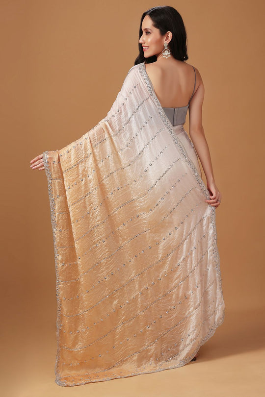 Jacqui Cream &amp; Beige Ombre Paper Silk Sequins Work Designer Ready to Wear Saree