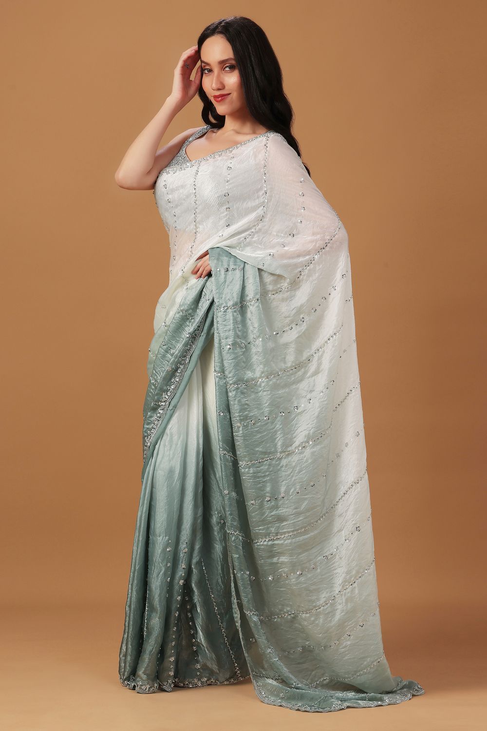 Jacqui White &amp; Grey Ombre Paper Silk Sequins Work Designer Ready to Wear Saree
