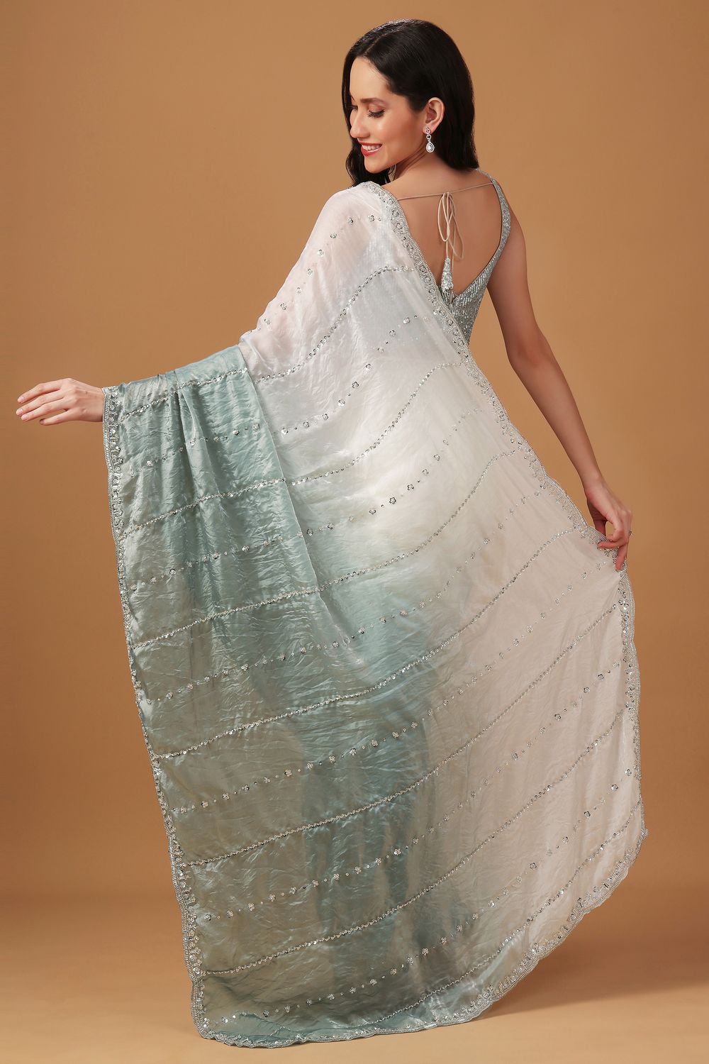 Jacqui White &amp; Grey Ombre Paper Silk Sequins Work Designer Ready to Wear Saree