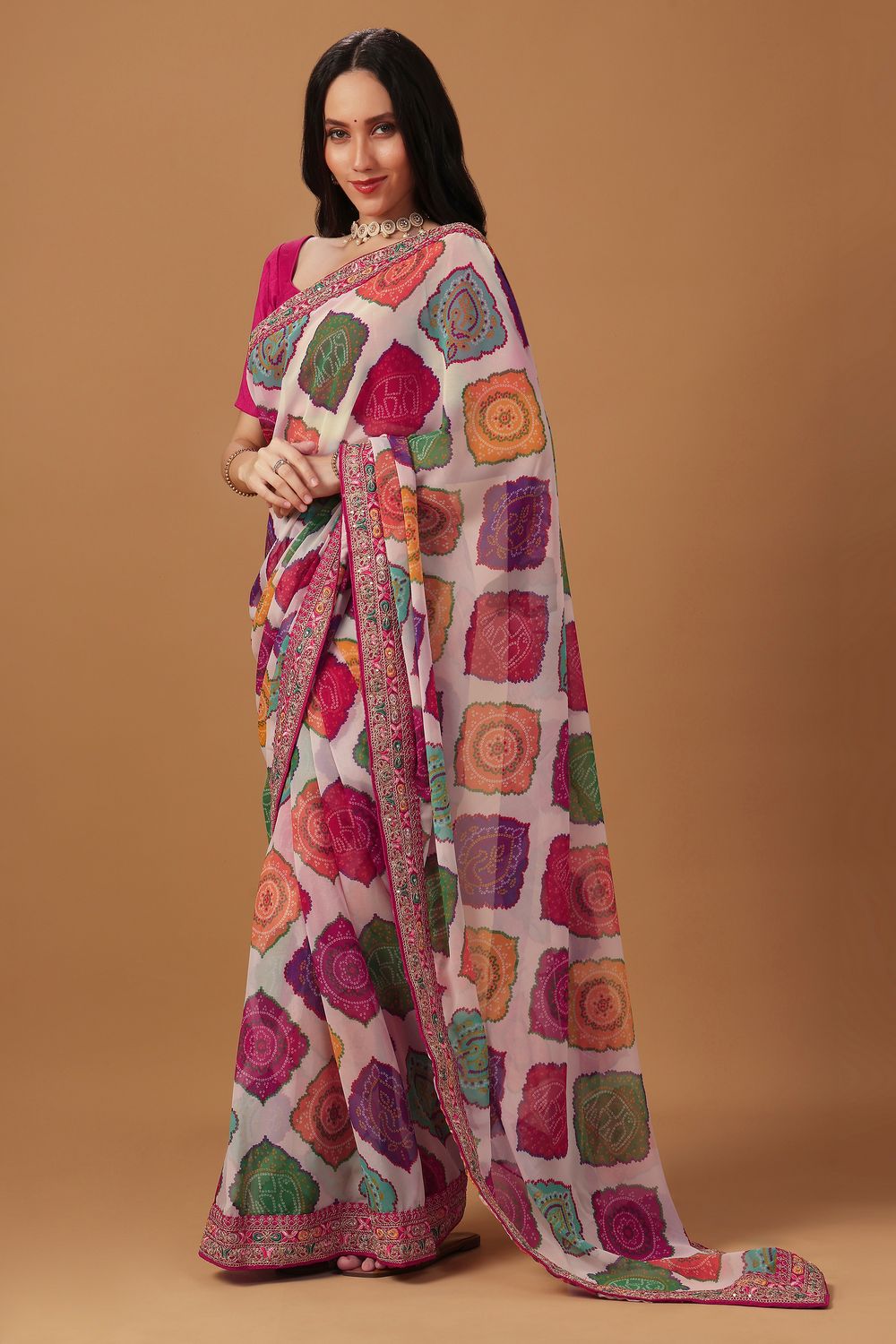 Ojas Multicolor Bhandani Georgette Ready to Wear Saree