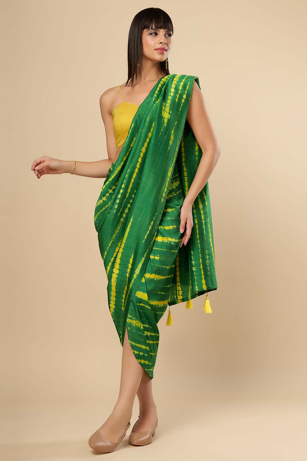 Gia Green & Yellow Shibori Tie Dye Silk Sarong Saree