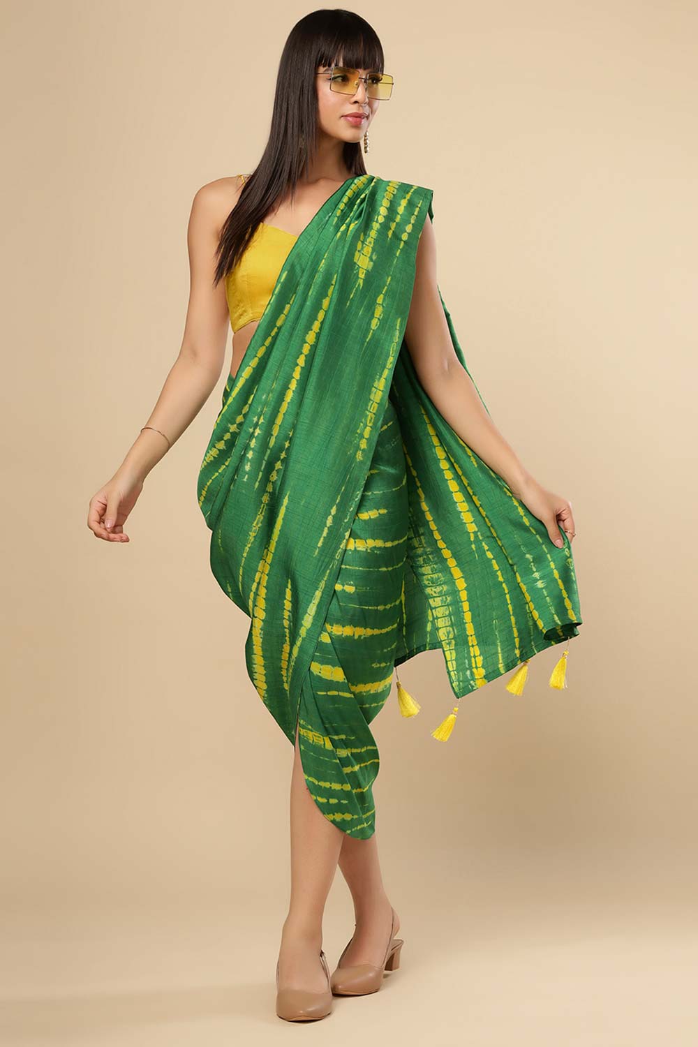 Gia Green & Yellow Shibori Tie Dye Silk Sarong Saree