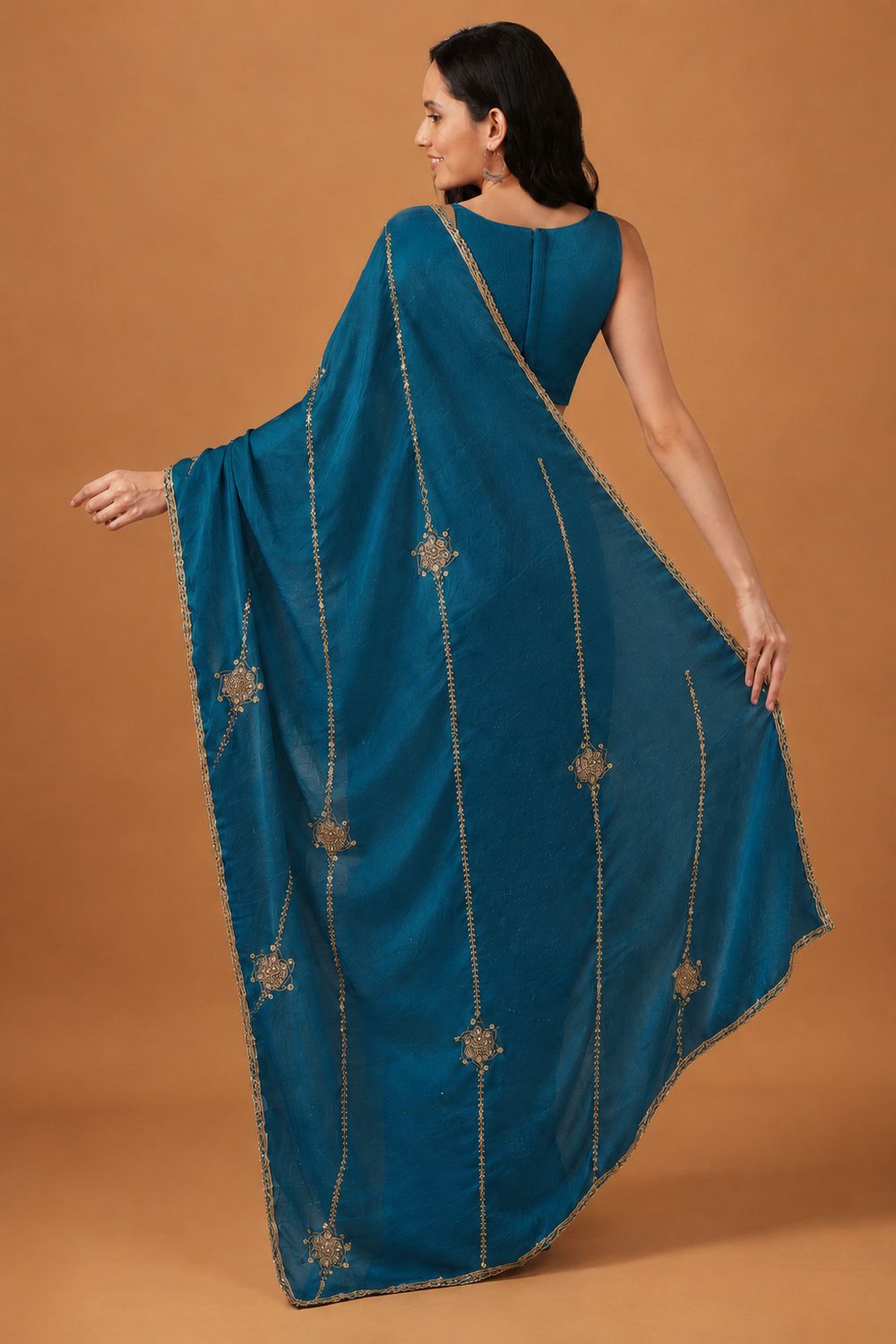 Siyara Teal Crepe Handwork Embellished Ready to Wear Saree