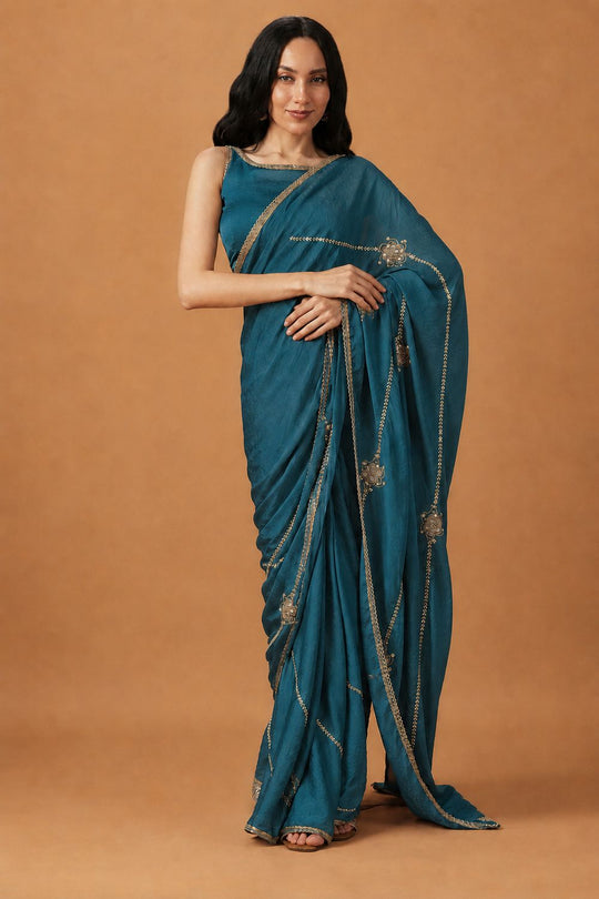 Siyara Teal Crepe Handwork Embellished Ready to Wear Saree