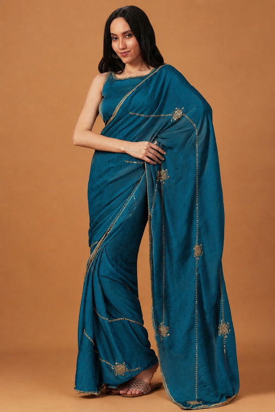 Siyara Teal Crepe Handwork Embellished Ready to Wear Saree