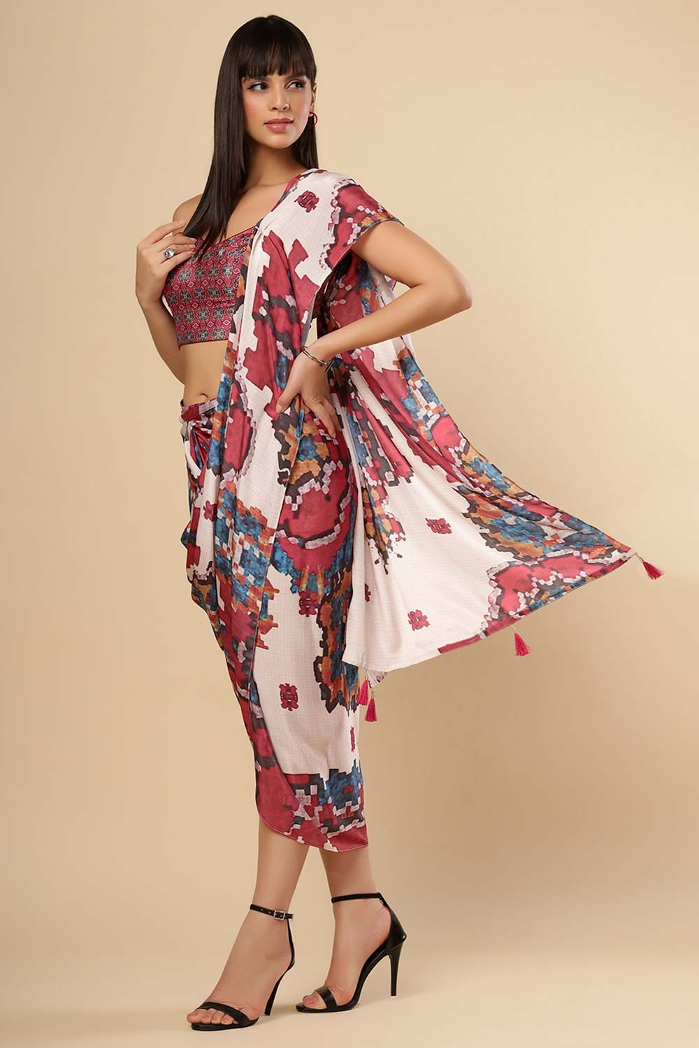 Kriss White Multi Kantha Digital Print Crepe Silk Sarong Saree