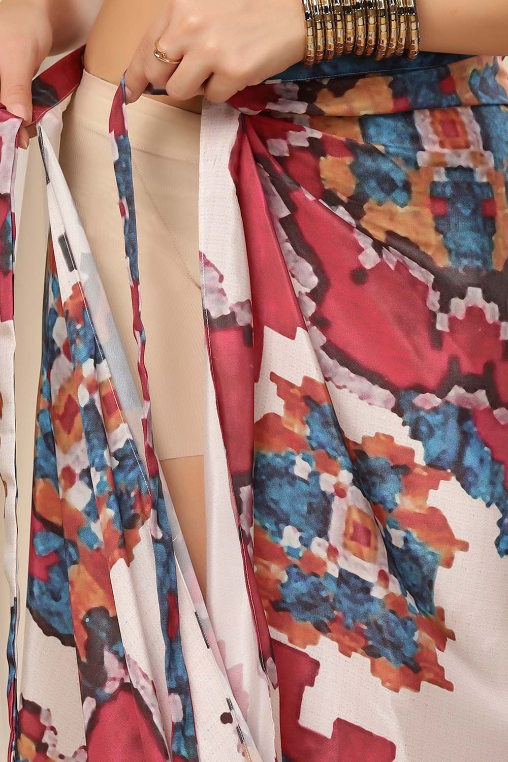 Kriss White Multi Kantha Digital Print Crepe Silk Sarong Saree