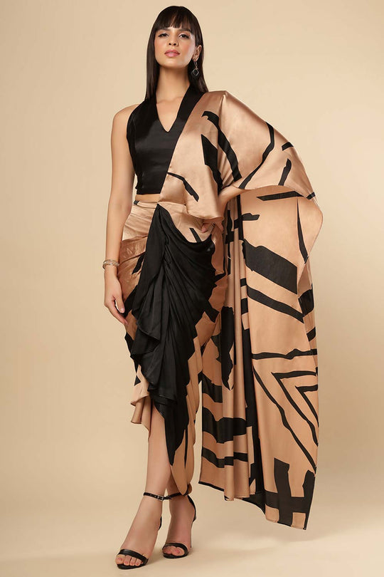 Tesha Camel & Black Satin Silk Sarong Saree