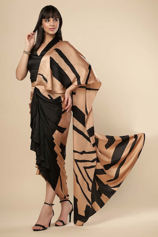 Tesha Camel & Black Satin Silk Sarong Saree