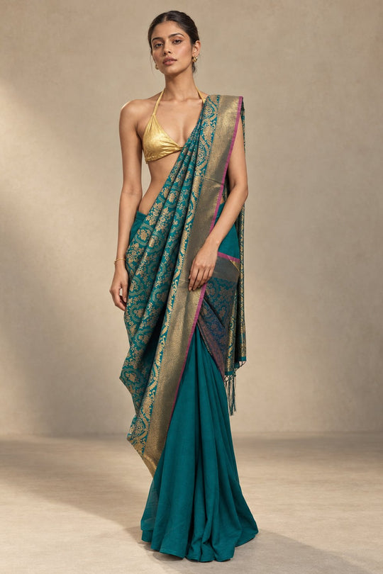 Paloma Peacock Blue Silk Gold Zari Woven Pallu Pre-Draped Sarong Saree
