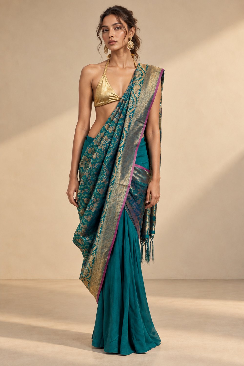 Paloma Peacock Blue Silk Gold Zari Woven Pallu Pre-Draped Sarong Saree