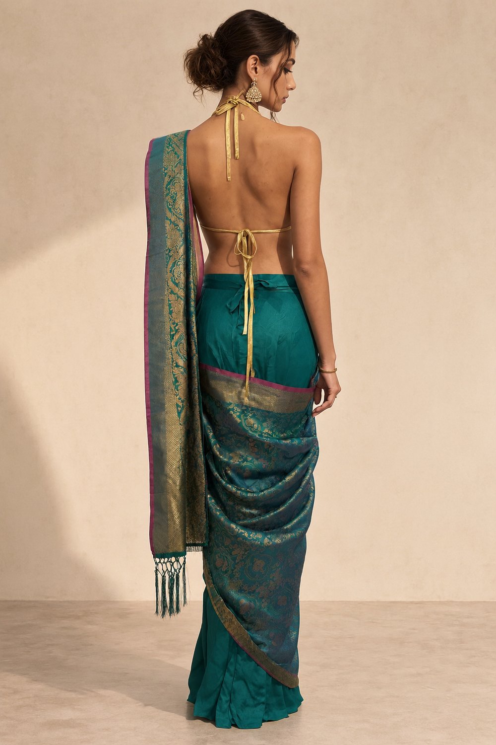 Paloma Peacock Blue Silk Gold Zari Woven Pallu Pre-Draped Sarong Saree
