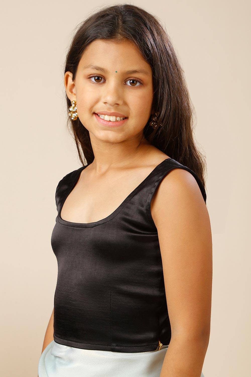 Jules Black Sleeveless Satin Stretch Blouse with Criss Cross back for Kids & Tweens