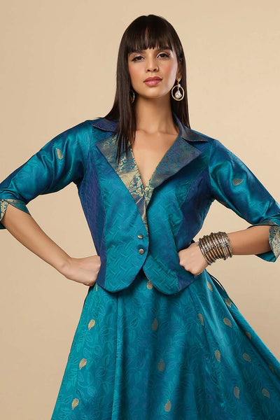 Adina Blue Silk Foil Print Lace Adjustable Waist Ethnic Saree Skirt