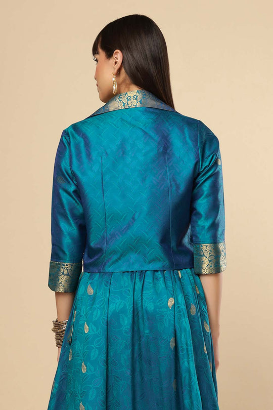 Adina Blue Silk Foil Print Lace Adjustable Waist Ethnic Saree Skirt