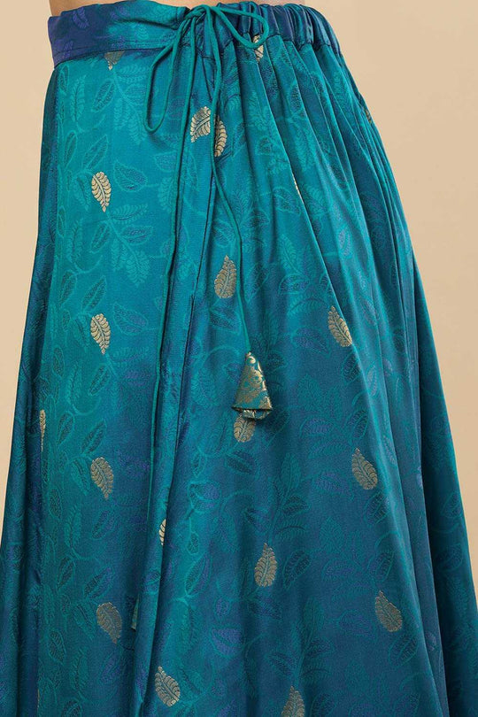 Adina Blue Silk Foil Print Lace Adjustable Waist Ethnic Saree Skirt