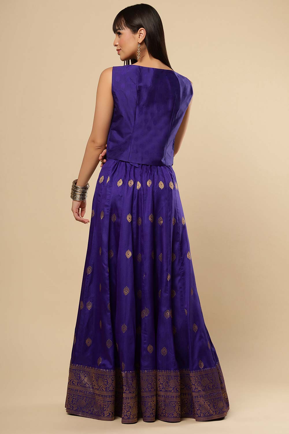 Afra Navy Blue Moss Weave Silk Wrap Around Ethnic Saree Skirt