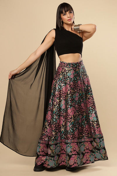 Therese Black Art Silk Floral Wrap Around Ethnic Saree Skirt