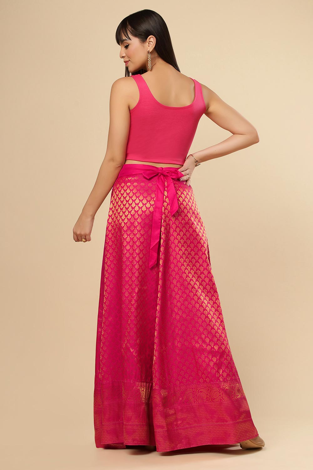 Gauri Pink Silk Blend Floral Banarasi Wrap Around Ethnic Saree Skirt