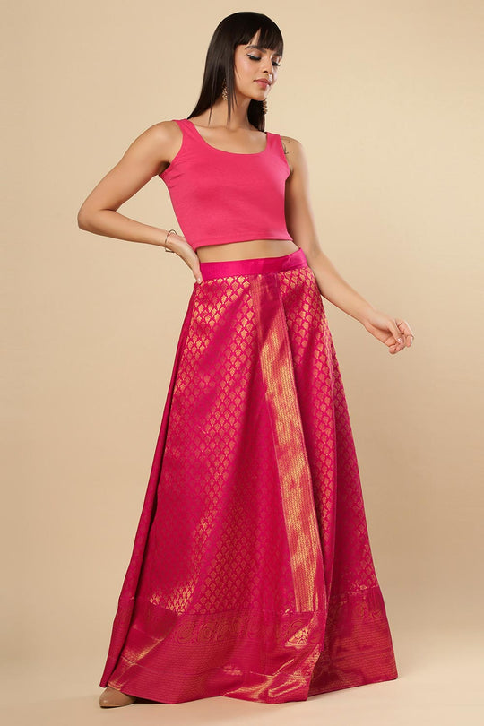 Gauri Pink Silk Blend Floral Banarasi Wrap Around Ethnic Saree Skirt