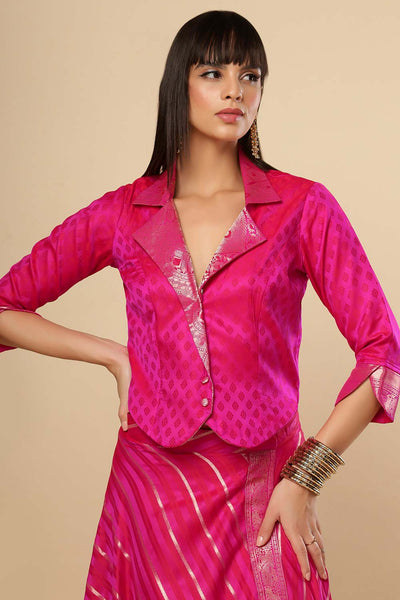 Zaira Pink Art Silk Leheriya Lapel Neck Jacket