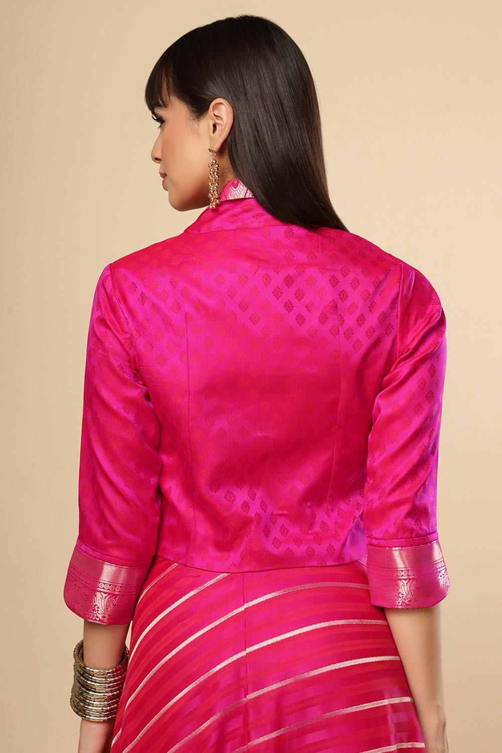 Zaira Pink Art Silk Leheriya Lapel Neck Jacket