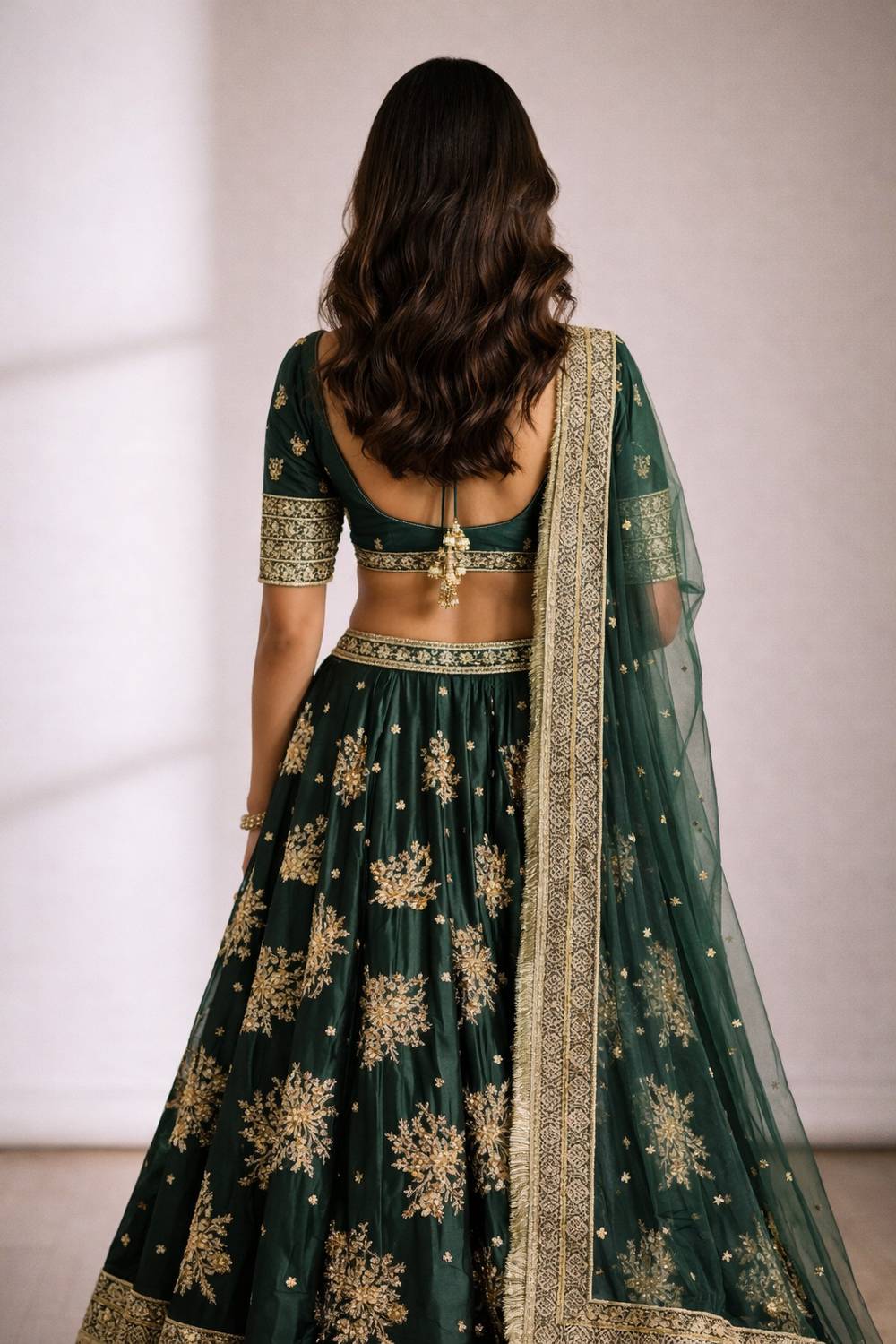 Emi Emerald Green Embroidered French Crepe Lehenga Saree