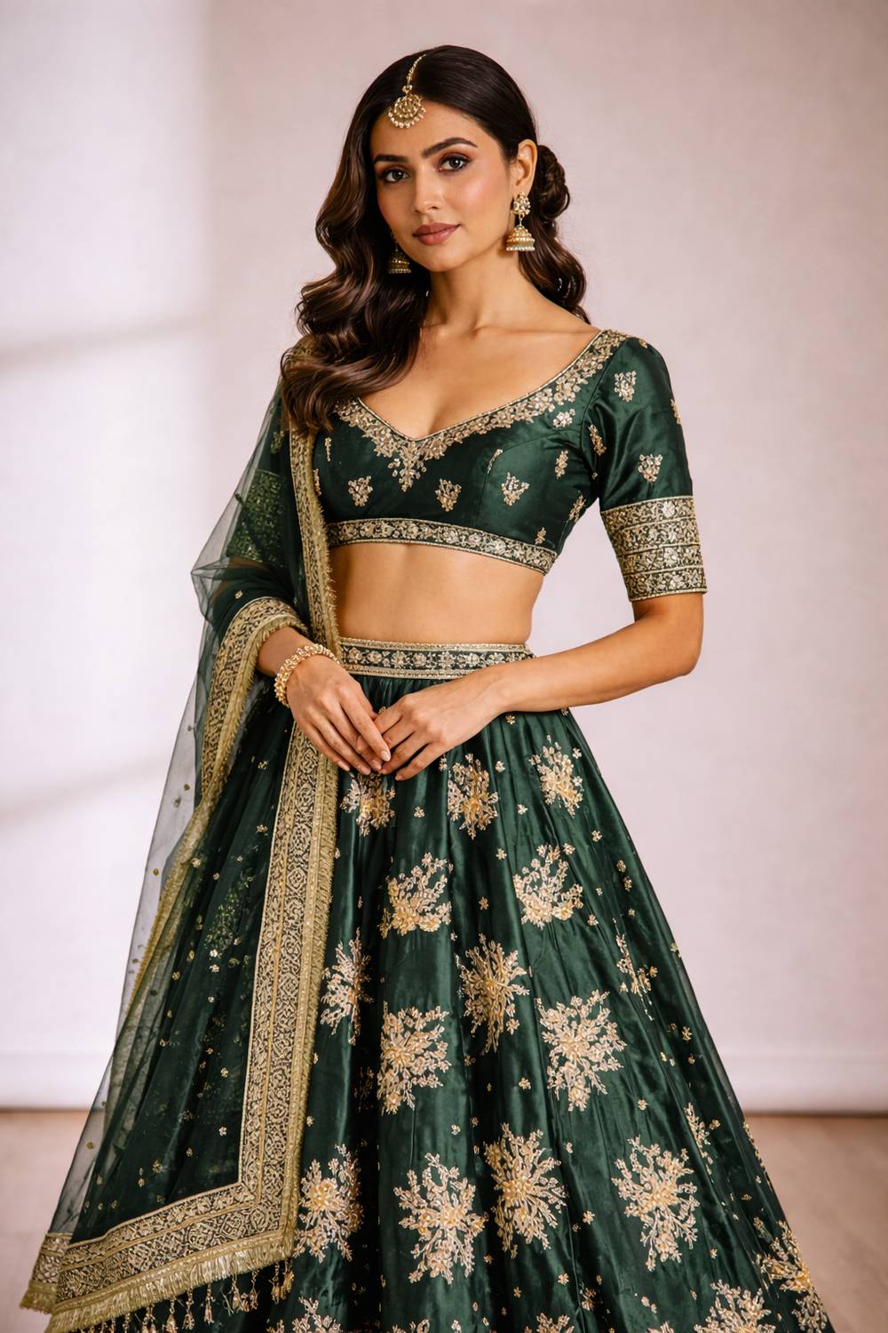 Emi Emerald Green Embroidered French Crepe Lehenga Saree