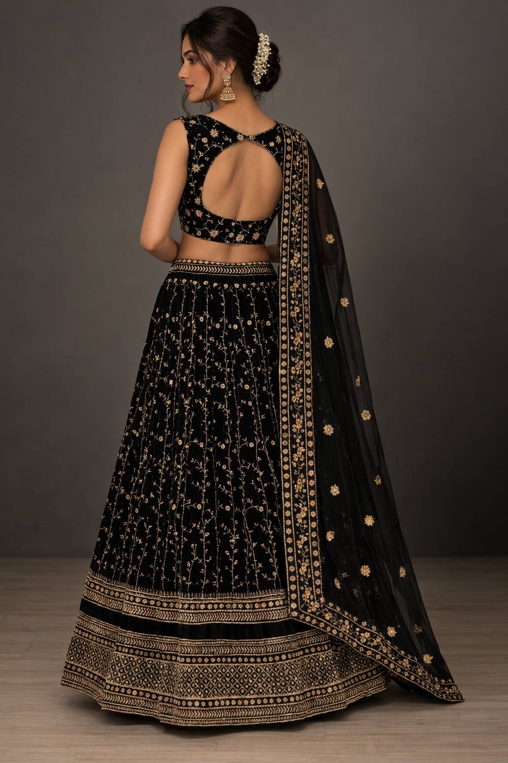 Bina Black Zari &amp; Sequin Embroidered Faux Georgette Lehenga Saree