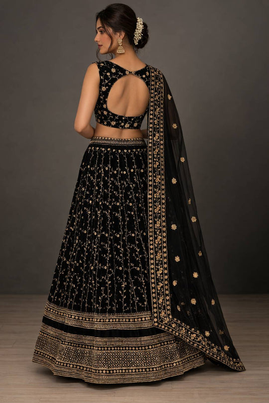 Bina Black Zari &amp; Sequin Embroidered Faux Georgette Lehenga Saree