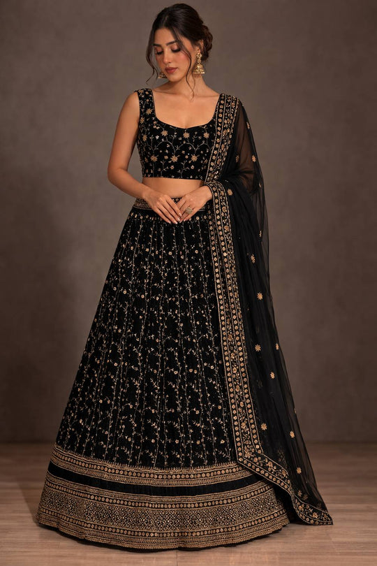 Bina Black Zari &amp; Sequin Embroidered Faux Georgette Lehenga Saree