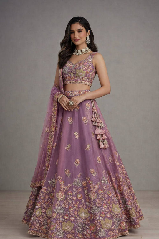 Mansa Mauve Zari &amp; Sequin Embroidered Fandy Lehenga Saree