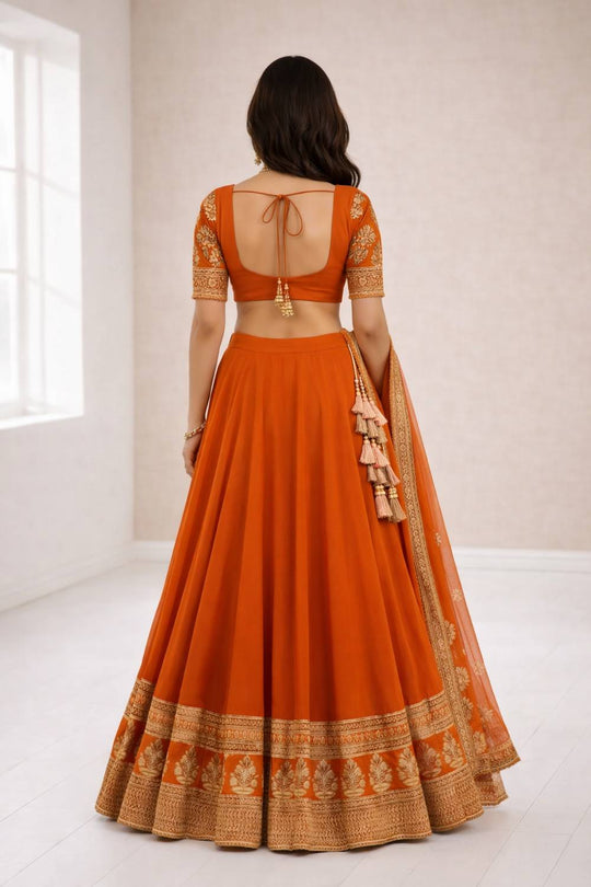 Ria Rust Orange Zari &amp; Sequin Embroidered Faux Georgette Lehenga Saree