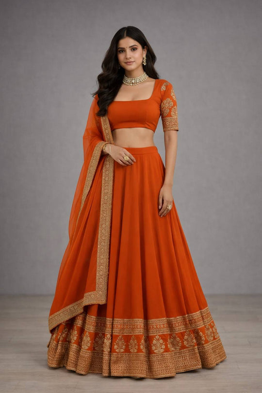 Ria Rust Orange Zari &amp; Sequin Embroidered Faux Georgette Lehenga Saree