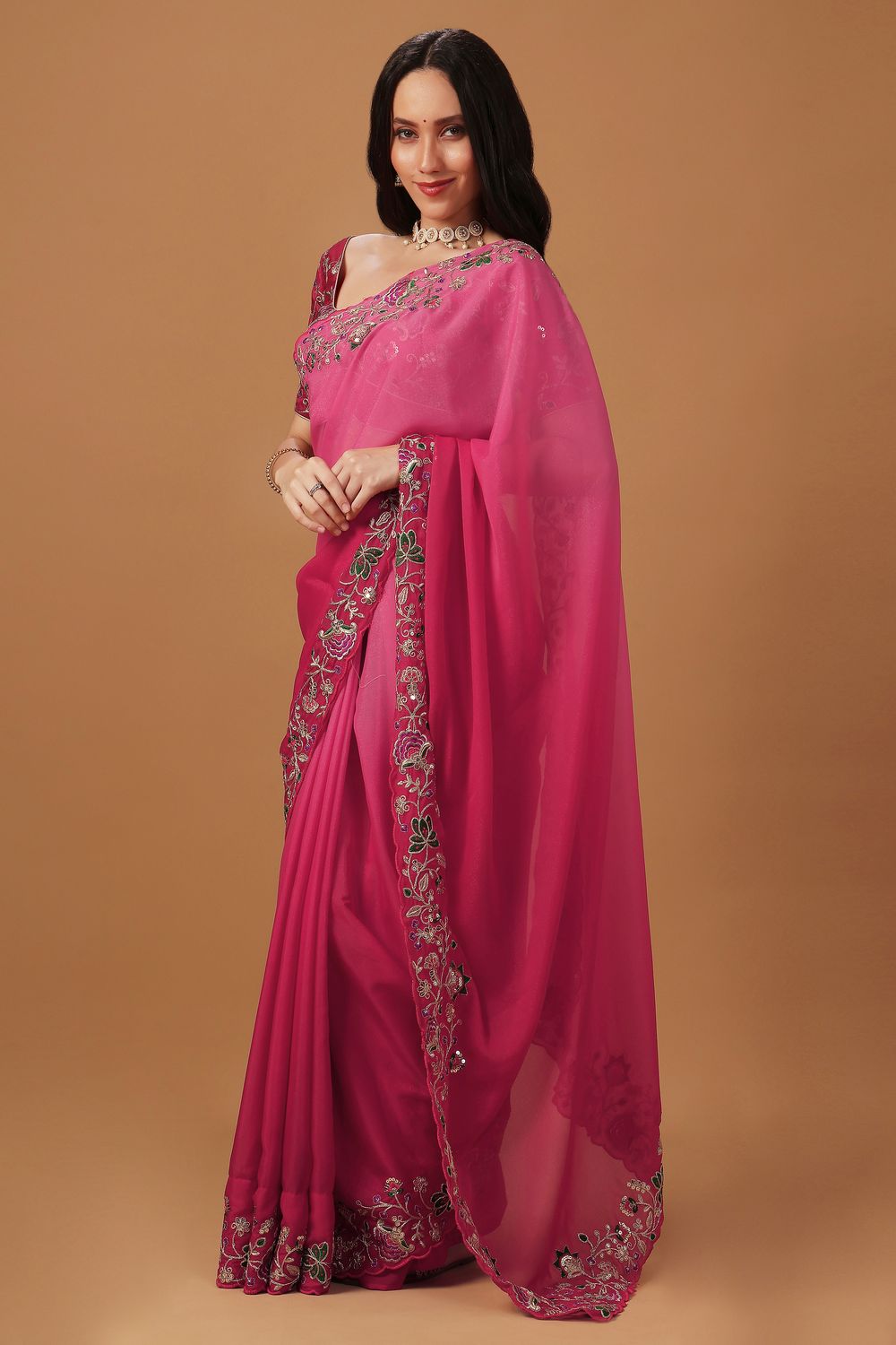 Leilani Pink Ombre Georgette Thread Work Ready to Wear Saree
