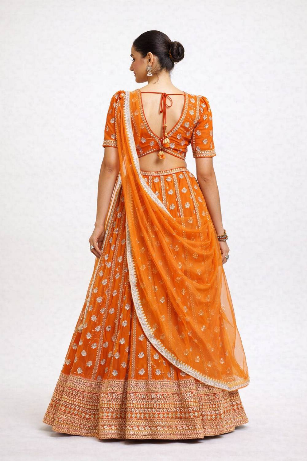 Olsa Orange Sequin &amp; Zari Embroidered Faux Georgette Lehenga Saree