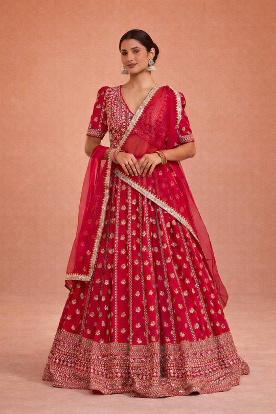 Prerna Pink Sequin &amp; Zari Embroidered Faux Georgette Lehenga Saree